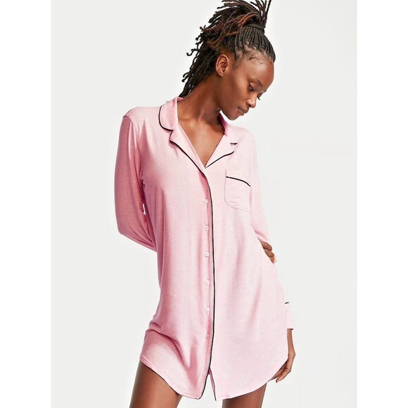 Victoria's Secret Sz Small Pink VS Soft Long Sleeve Button Up Sleep‎ Shirt Soft - Picture 1 of 5